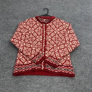 Vintage LL Bean Cardigan Womens S Red Wool Fair Isle Nordic Button Up Sweater